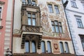 Prague, Czech Republic, January 2015. A fragment of the facade of a house built in 1898 with an interesting painting. Royalty Free Stock Photo