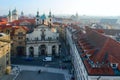 Top view of historical center of Prague Stare Mesto, Czech Republic. Crusaders Square, Church of St. Salvator