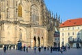 Tourists are on square at Golden Gate of famous St. Vitus Cathedral in Prague Castle, Prague, Czech Republic Royalty Free Stock Photo