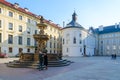 Second Courtyard of famous Prague Castle, Prague, Czech Republic. Chapel of Holy Cross, fountain of Jerome Kohl