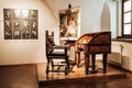 Prague, Czech Republic - July 2022. Alphonse Mucha Museum. The painter's desk, chair and tools. Gallery dedicated to