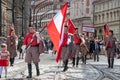 PRAGUE, CZECH REPUBLIC - JULY 1, 2018: Austrian visitors parading at Sokolsky Slet, a once-every-six-years gathering of the Sokol