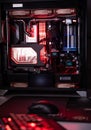 Prague, Czech Republic - 21 July 2021: Close-up of high performance Desktop PC and water cooling system with multicolored LED RGB