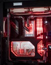 Prague, Czech Republic - 21 July 2021: Close-up of high performance Desktop PC and water cooling system with multicolored LED RGB