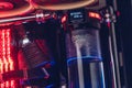 Prague, Czech Republic - 21 July 2021: Close-up of high performance Desktop PC and water cooling system with multicolored LED RGB