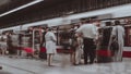 Prague, Czech Republic,23 July 2019; People at metro station entering subway train, long exposure technique for movement. Urban Royalty Free Stock Photo