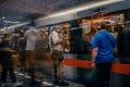Prague, Czech Republic,23 July 2019; People at metro station entering subway train, long exposure technique for movement. Urban Royalty Free Stock Photo