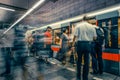 Prague, Czech Republic,23 July 2019; People at metro station entering subway train, long exposure technique for movement. Urban Royalty Free Stock Photo