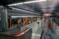 Prague, Czech Republic,23 July 2019; People at metro station entering subway train or walking by, long exposure technique for Royalty Free Stock Photo