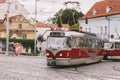 Prague Czech Republic - July 25, 2017: Red trams on the ancient streets of Prague, the capital of Czech Republic. Public transport
