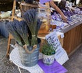 Prague, Czech Republic, July 14, 2023 selective focus on counter with lavender and products from these flowers