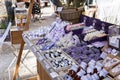 Prague, Czech Republic, July 14, 2023 selective focus on counter with lavender and products from these flowers