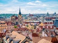 Beautiful aerial view with the city of Prague. Many medieval buldings with gothic and baroque