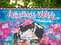 Close up detail with grafitti drawings on the Lennon Wall in Prague