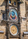 Close up detail with Prague Astronomical Clock Medieval timepiece on the facade of city hall