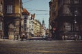 Historical architecture tourists ride horses in carriages. Prague, Czech Republic Royalty Free Stock Photo