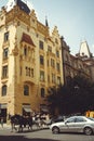 Historical architecture tourists ride horses in carriages. Prague, Czech Republic Royalty Free Stock Photo