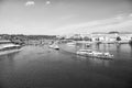 Prague, Czech Republic - June 03, 2017: holiday cruiser ships on cityscape on blue sky. Pleasure boats on Vltava river