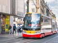 New modern tram number 9 on the streets of Prague. Prague Integrated transport or Prazska