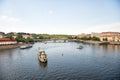 Prague, Czech Republic - June 03, 2017: Pleasure boats on Vltava river. travel by water transport. Holiday cruiser ships on citysc