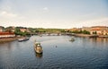 Prague, Czech Republic - June 03, 2017: Pleasure boats on Vltava river. travel by water transport. Holiday cruiser ships