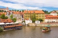 PRAGUE, CZECH REPUBLIC - JUNE 7, 2017: Scenic view on Vltava river and historical center of Prague,buildings and Royalty Free Stock Photo