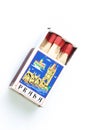 PRAGUE, CZECH REPUBLIC - June 26, 2020: Souvenir cardboard matches with red incendiary heads on a white background.