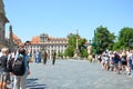 Prague, Czech Republic - June 27th 2019: Tourists watching traditional changing of honor guards in front of the Prague Castle.