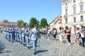 Prague, Czech Republic - June 27th 2019: Tourists watching traditional changing of honor guards in front of the Prague Castle.