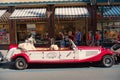 Prague, Czech Republic - June 03, 2017: vintage car cabrio replica parked at street. Sightseeing tour. Seeing city