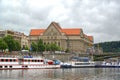 PRAGUE, CZECH REPUBLIC. Karlov`s building of the university and the walking ships on the Vltava River