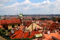 Prague, Czech Republic. Mala Strana of Prague. Top view of downtown, panorama. Ancient medieval buildings with red tiled roofs,