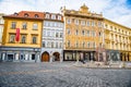 Prague, Czech republic - March 19, 2020. Buildings on Little Square `Male namesti` near Old Town Square with renaissance fountain Royalty Free Stock Photo