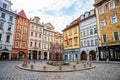 Prague, Czech republic - March 19, 2020. Buildings on Little Square `Male namesti` near Old Town Square with renaissance fountain Royalty Free Stock Photo