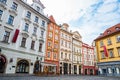 Prague, Czech republic - March 19, 2020. Buildings on Little Square `Male namesti` near Old Town Square with renaissance fountain Royalty Free Stock Photo