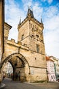 Prague, Czech republic - March 19, 2020. Malostranska mostecka tower as a beginning/end of Charles Bridge Royalty Free Stock Photo