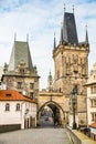 Prague, Czech republic - March 19, 2020. Malostranska mostecka tower as a beginning/end of Charles Bridge Royalty Free Stock Photo