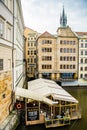 Prague, Czech republic - March 19, 2020. Novotneho lavka area with Bedrich Smetana statue by the Vltava river without tourists dur