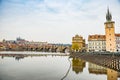 Prague, Czech republic - March 19, 2020. Novotneho lavka area with Bedrich Smetana statue by the Vltava river without tourists dur