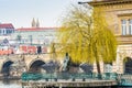 Prague, Czech republic - March 19, 2020. Novotneho lavka area with Bedrich Smetana statue by the Vltava river without tourists dur