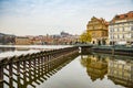 Prague, Czech republic - March 19, 2020. Novotneho lavka area with Bedrich Smetana statue by the Vltava river without tourists dur