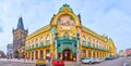 Panorama with the main entrance to Municipal House and Powder Tower, on March 5 in Prague, Czech Republic Royalty Free Stock Photo