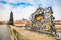 Prague, Czech republic - March 19, 2020. Piece of art of Charles Bridge touching by tourists Royalty Free Stock Photo