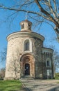 Prague, Czech Republic, Vysehrad, Rotunda of St. Martin in the rays of the setting sun with the blue color of sky in the