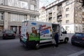 Prague, Czech Republic - March 12 2022: Sale of milk and dairy products from the van. Car of the company Mleko z farmy -