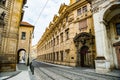 Prague, Czech republic - March 19, 2020. Square Krizovnicke namesti in front of entrance to Charles Bridge without tourists during