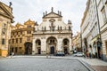 Prague, Czech republic - March 19, 2020. Square Krizovnicke namesti in front of entrance to Charles Bridge without tourists during