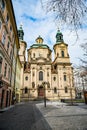 Prague, Czech republic - March 19, 2020. St. Nicholas Church in Old Town Square during coronavirus crisis and travel ban Royalty Free Stock Photo