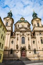 Prague, Czech republic - March 19, 2020. St. Nicholas Church in Old Town Square during coronavirus crisis and travel ban Royalty Free Stock Photo