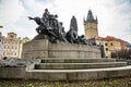 Prague, Czech republic - March 19, 2020. Statue of Mistr Jan Hus in empty Old Town Square during coronavirus crisis Royalty Free Stock Photo